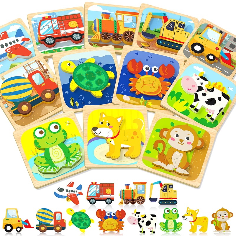 Benresive Wooden Toddler Puzzles, Montessori Toys For 1 2 3 Year Old Boys, Toys For 1 2 3 Year Old Boy Birthday Gifts, 12 Pack Vehicle Animal Toddler Toys, Learning Educational Toys