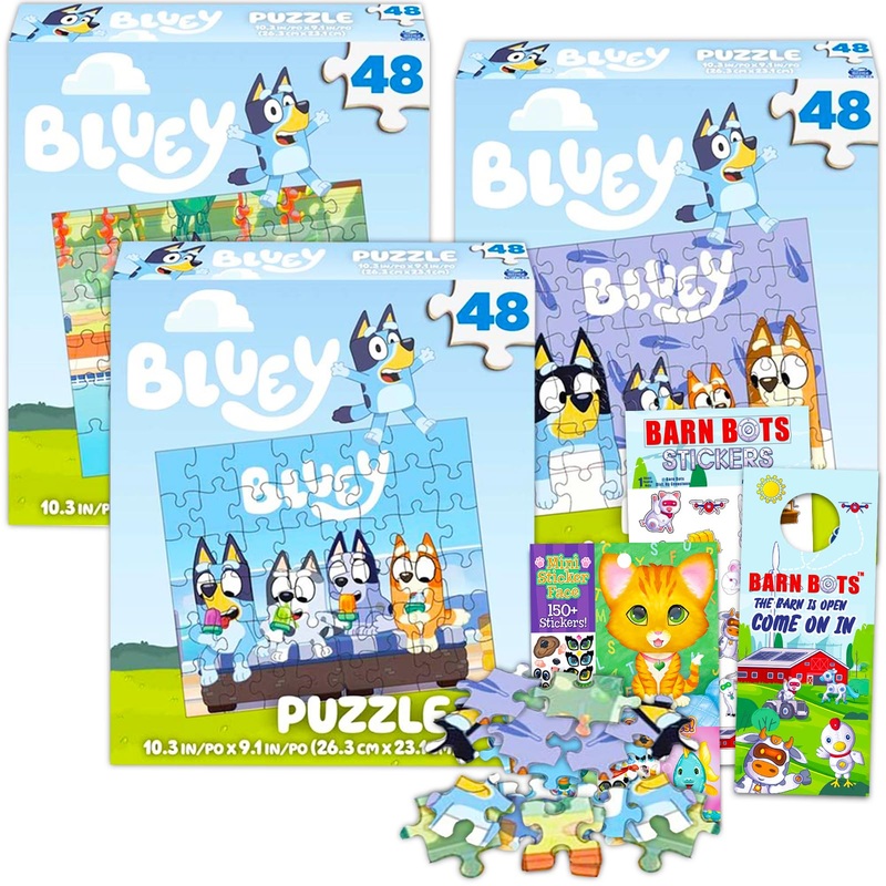 Bluey Premier 48 Pc Puzzle Set For Kids - Bluey Party Supplies Bundle With 3 Bluey Puzzles, Barn Bots Stickers, And More (Bluey