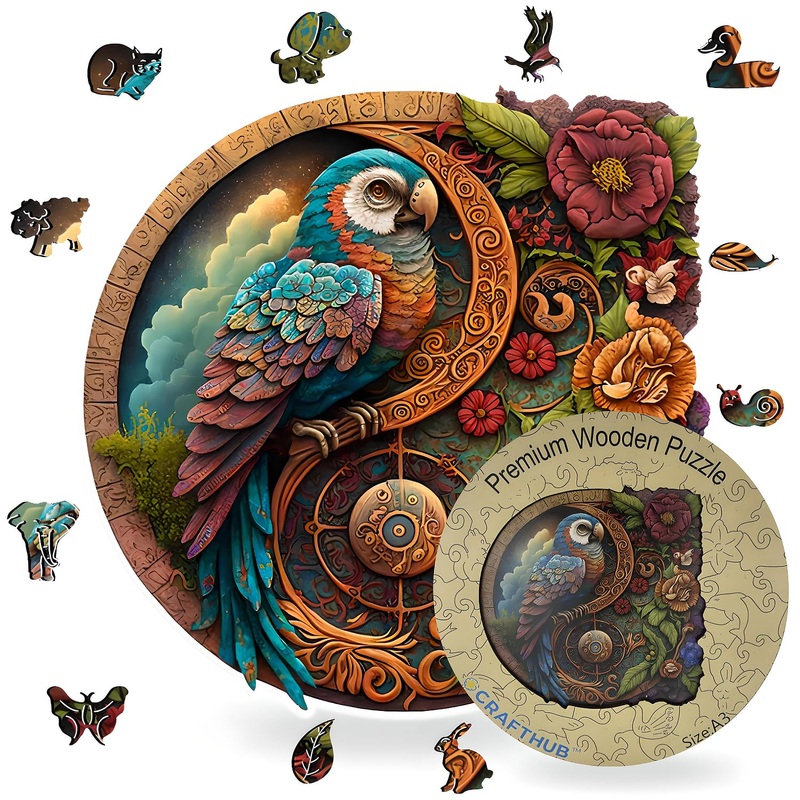 Crafthub Wooden Jigsaw Puzzles - Parrot Yin Yang - Wooden Puzzles For Adults & Kids - Animal Shaped, Family Games, Gift Ideas Fo