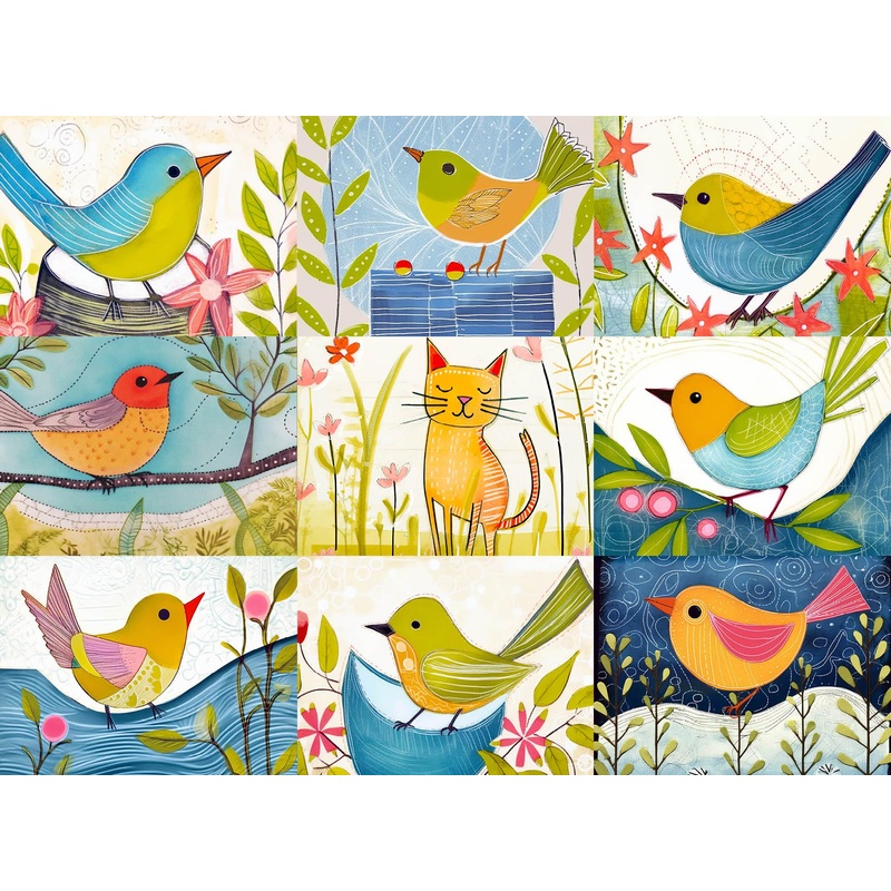 Cross & Glory - Cat In The Bird'S Nest - 1000 Piece Jigsaw Puzzle | Whimsical Birds & Cat Collage | Satin Finish