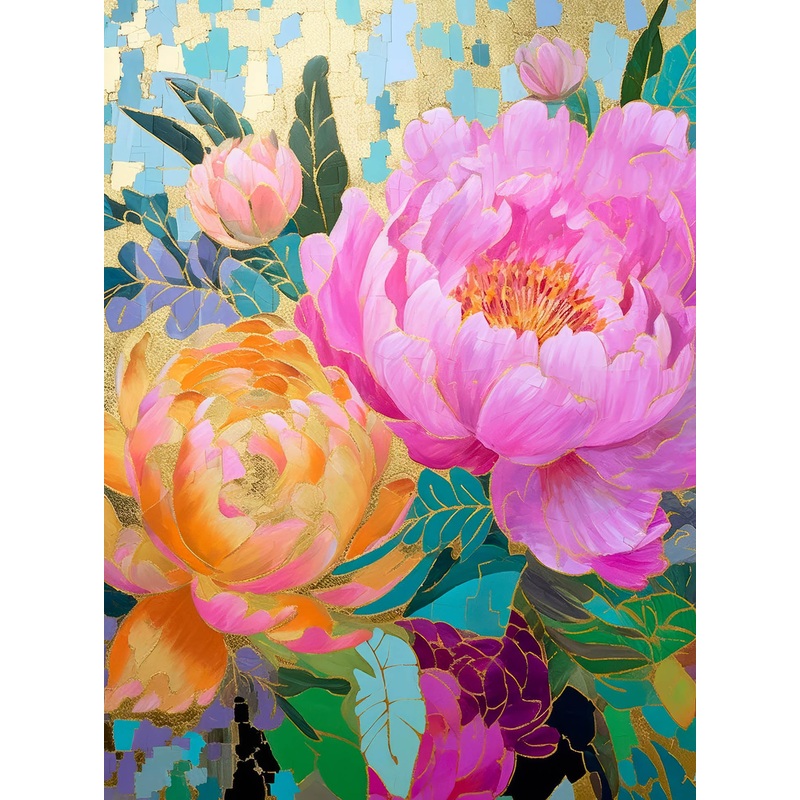 Cross & Glory - Golden Peony Dreams - 1000 Piece Jigsaw Puzzle For Adults | Vibrant Mosaic-Inspired Artwork With Gold Leaf Details | Premium Quality