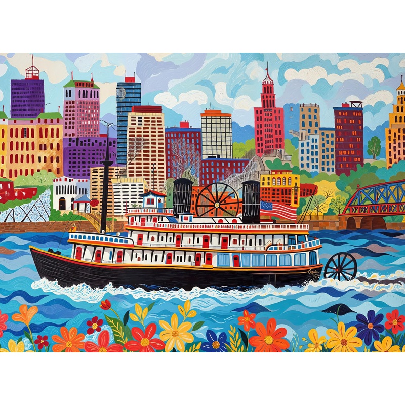 Cross & Glory - Queen City Paddle Wheel Adventure - 1000 Piece Jigsaw Puzzle For Adults | Historic Cincinnati Riverboat Scene | Vibrant Folk Art Design With Satin Finish | 20X27 Inches