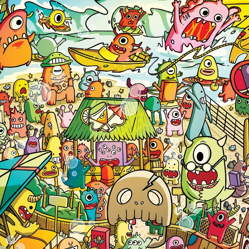 Cross & Glory - Surf 'N' Scream Beach Party - 1000 Piece Jigsaw Puzzle For Adults & Kids 12+ | Whimsical Monsters | Vibrant Beach Scene | Satin Finish | Challenging & Colorful Fun