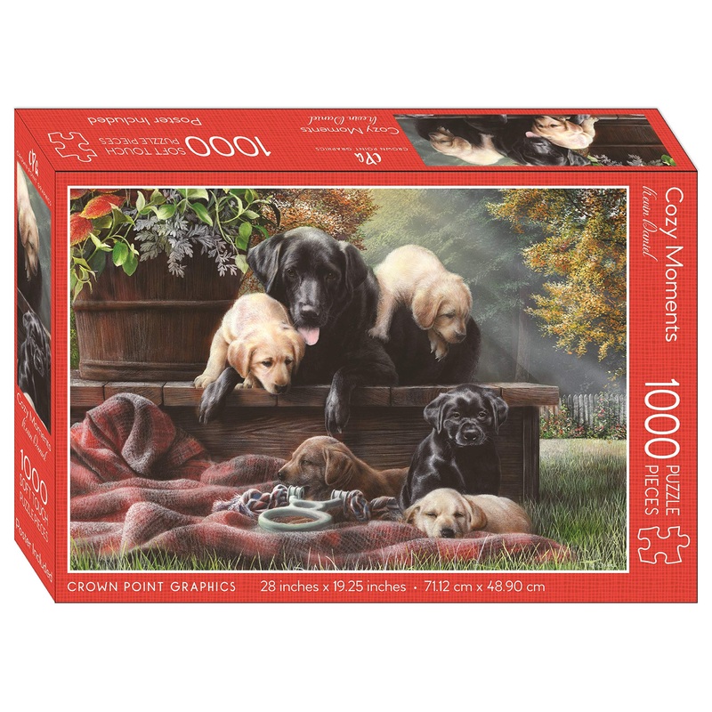 Crown Point Graphics Cozy Moments - 1000 Piece Jigsaw Puzzle - Artist Kevin Daniel - Soft Touch Design - Black Labrador Dog Puzzle With Yellow, Black And Chocolate Lab Puppies
