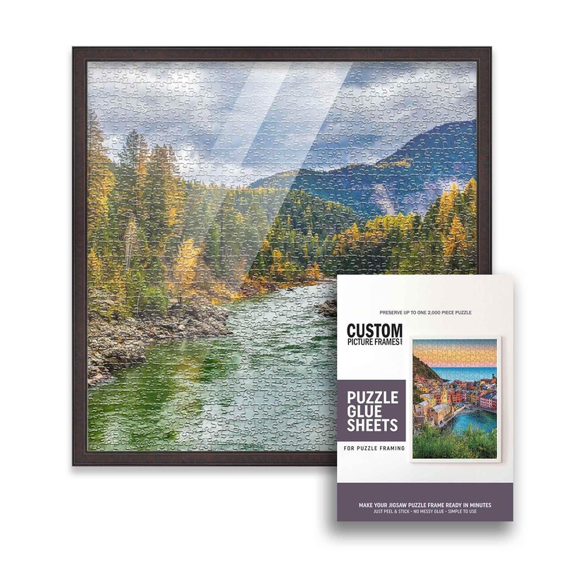 19X19 Rustic Brown Solid Wood Picture Frame Set With Peel And Stick Puzzle Glue Sheets | Interior Frame Depth 0.5 Inches | Rusti