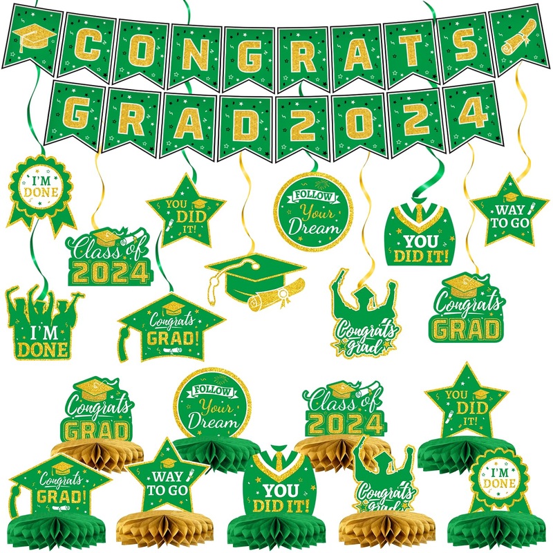 21 Pieces Green And Gold Themed 2024 Graduation Decorations Set Includes Congrats Grad Banner, Honeycomb Centerpieces, Hanging S