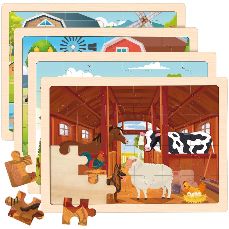 4-In-1 Farm Wooden Puzzles For Kids Ages 4-6, 24 Pcs Wooden Jigsaw Puzzles For Toddlers Ages 2-4, Preschool Educational Puzzles