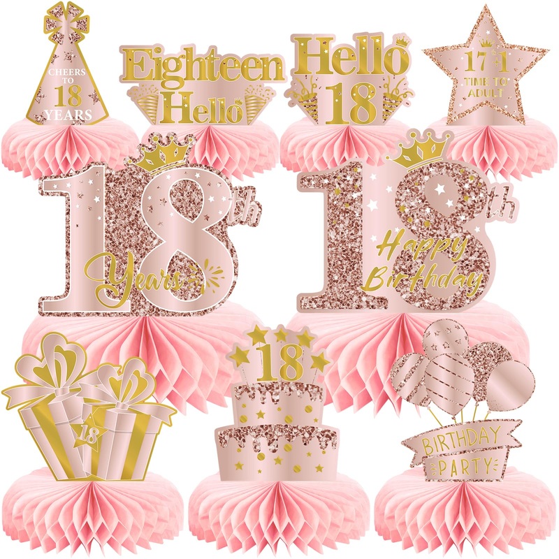 9Pcs 18Th Birthday Decorations Pink Rose Gold Honeycomb Centerpieces For Girls,Happy 18Th Birthday Table Centerpieces Party Supp