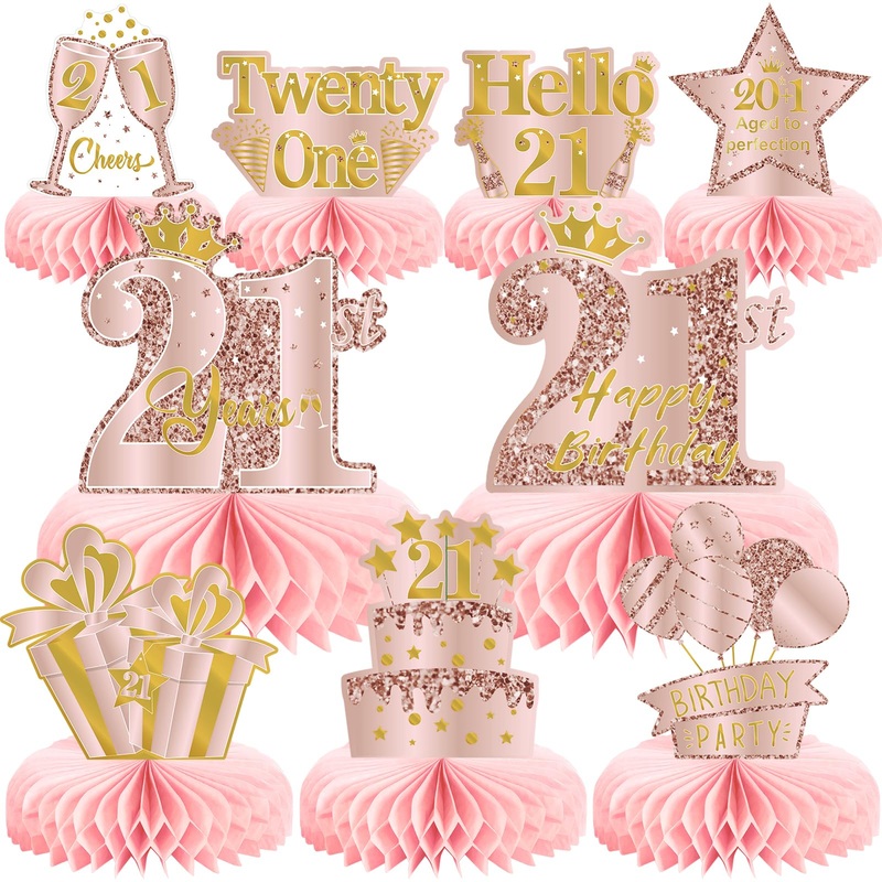 9Pcs 21St Birthday Decorations Pink Rose Gold Honeycomb Centerpieces For Women Girls,Happy 21St Birthday Table Centerpieces Part