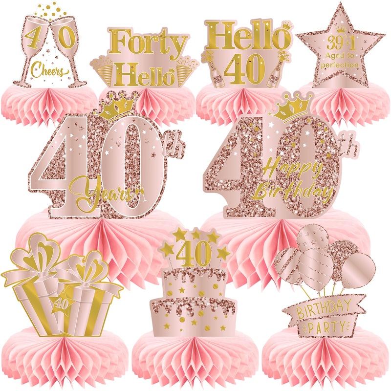 9Pcs 40Th Birthday Decorations Pink Rose Gold Honeycomb Centerpieces For Women,Happy 40Th Birthday Table Centerpieces Party Supp