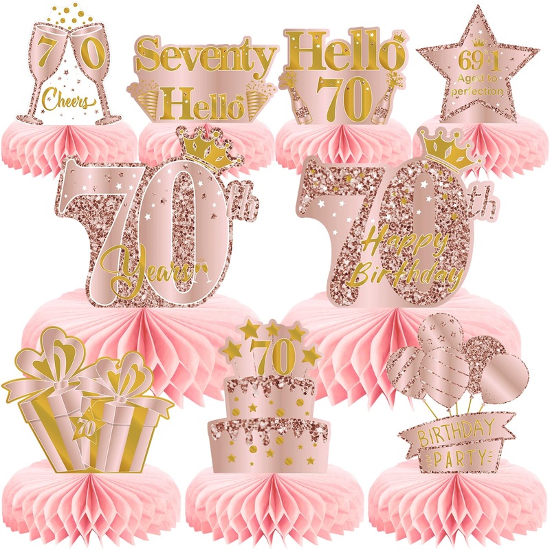 9Pcs 70Th Birthday Decorations Pink Rose Gold Honeycomb Centerpieces For Women,Happy 70Th Birthday Table Centerpieces Party Supp