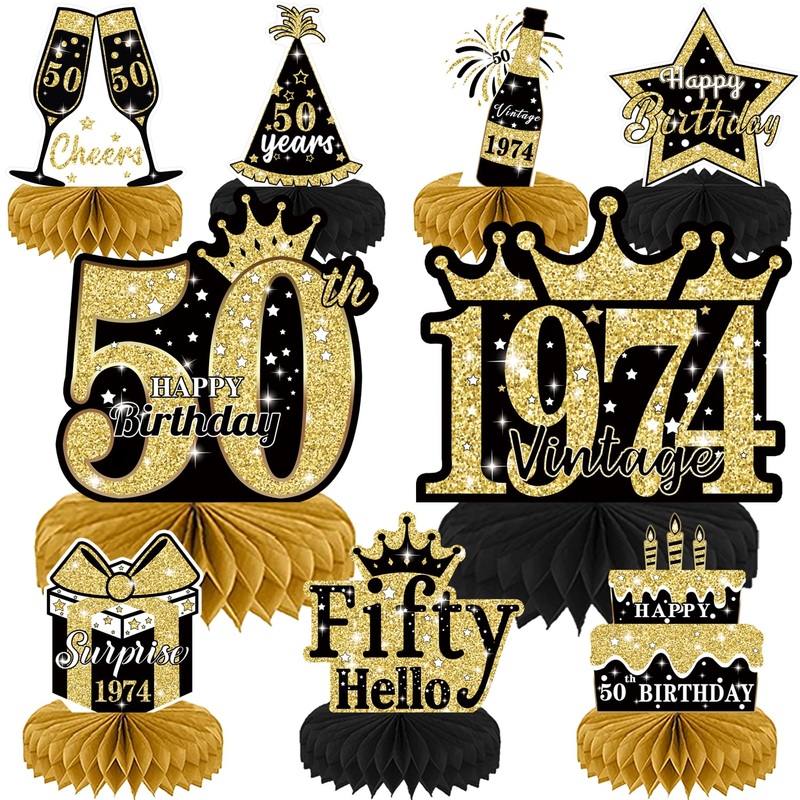 9Pcs Black Gold 50Th Birthday Decorations Honeycomb Centerpieces For Men Women,Vintage 1974 Aged Birthday Table Sign Decor,Fifty