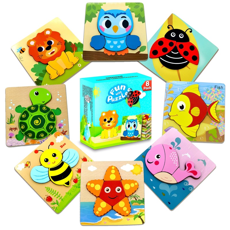 Aiziyuo Animal Wooden Puzzles, Montessori Toys For Toddlers 1-3, 8 Pack Baby Puzzle For Kids1 2 3+ Years Old, Preschoool Learnin