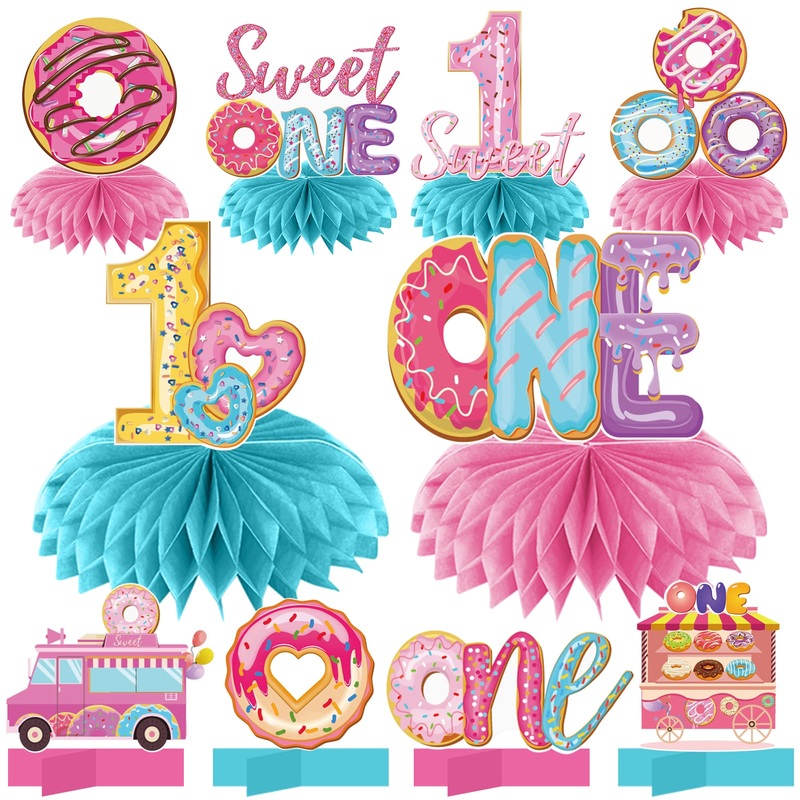 Aodocuto 10Pcs Donut 1St Birthday Honeycomb Centerpiece Party Decor For Baby Boy Girl, Sweet First Donut Birthday Table Centerpi