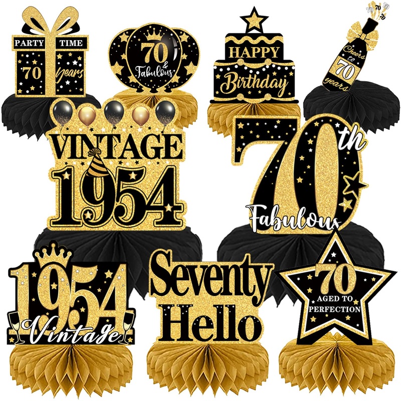 Elomy 70Th Birthday Decorations - 9Pcs Vintage 70Th Birthday Party Table Decorations For Women Black Gold 1954 Table Topper Hone