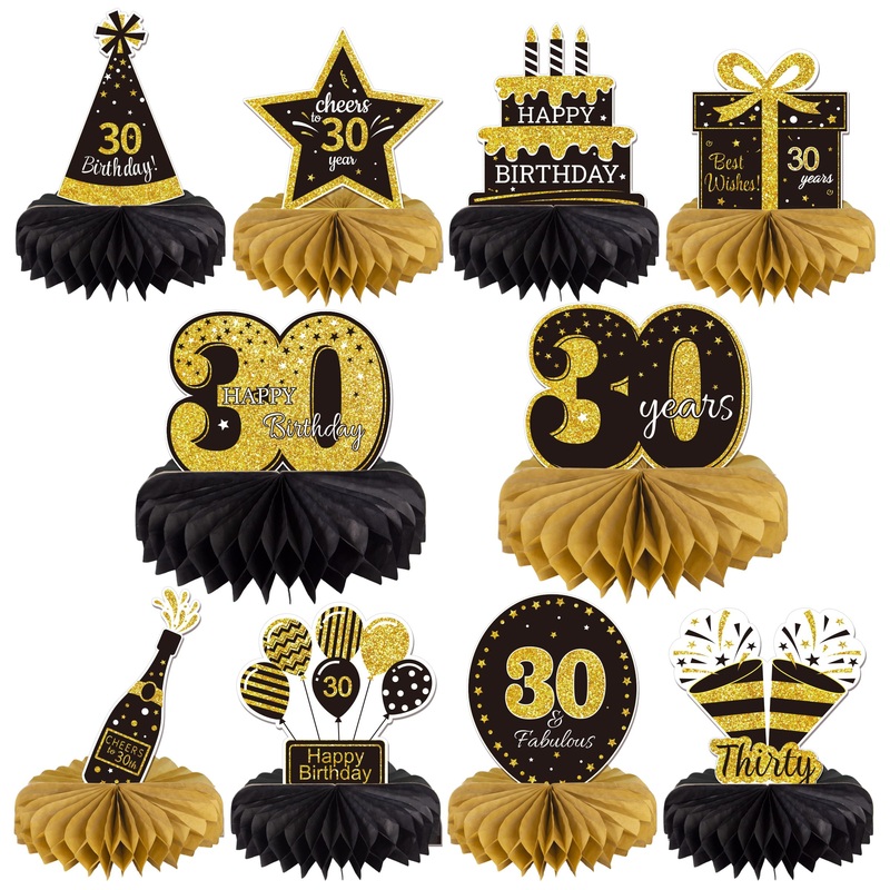 Gexolenu 10 Pcs 30Th Birthday Honeycomb Centerpieces Gold Black Cheers To 30 Years Birthday Centerpieces Tables Toppers For 30Th
