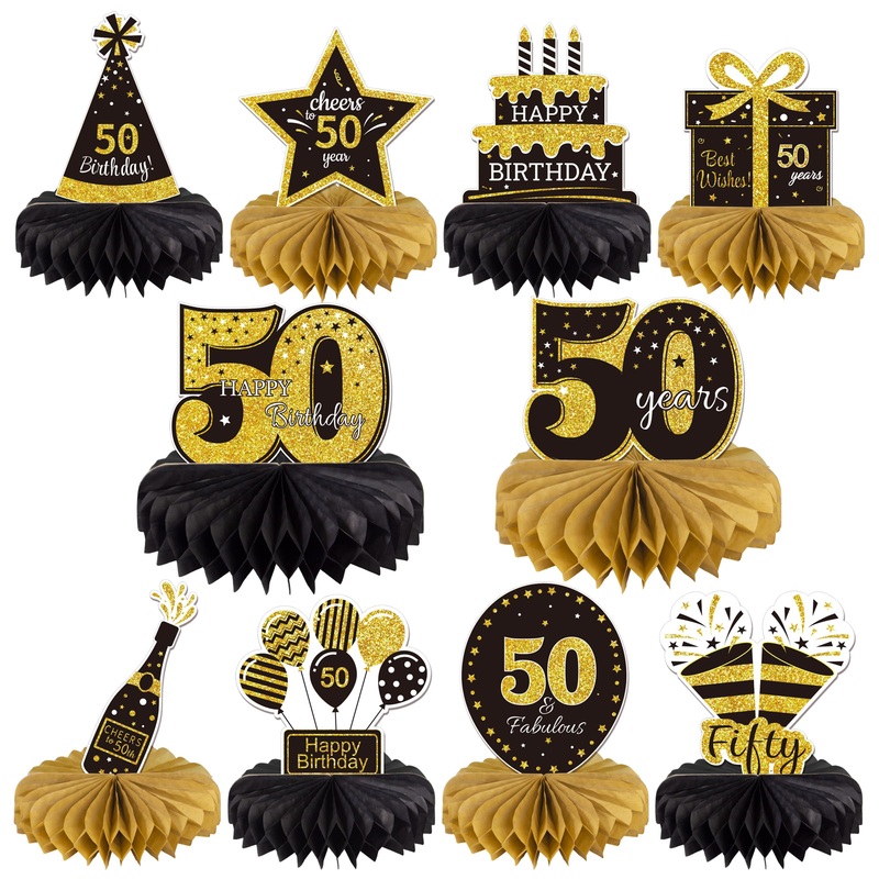 Gexolenu 10 Pcs 50Th Birthday Honeycomb Centerpieces Gold Black Cheers To 50 Years Birthday Centerpieces Tables Toppers For 50Th