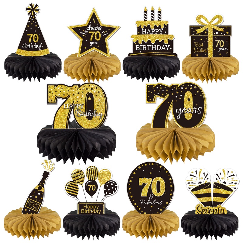 Gexolenu 10 Pcs 70Th Birthday Honeycomb Centerpieces Gold Black Cheers To 70 Years Birthday Centerpieces Tables Toppers For 70Th