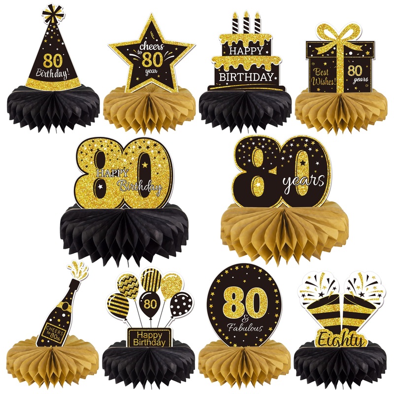 Gexolenu 10 Pcs 80Th Birthday Honeycomb Centerpieces Gold Black Cheers To 80 Years Birthday Centerpieces Tables Toppers For 80Th