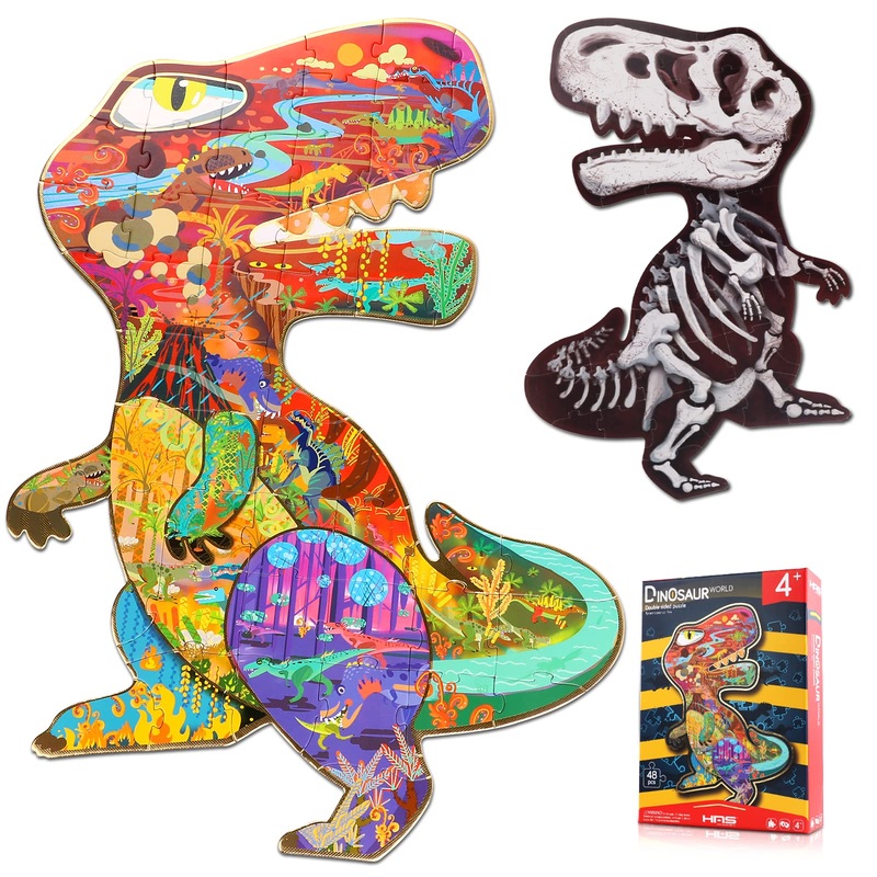 Has Floor Puzzles For Ages Kids 4-10, 48 Pcs Double-Sided Dinosaur Puzzles, Unique Large Pieces Irregular Shape Jigsaw Puzzle For Children(T-Rex)