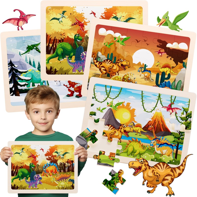 Jigsaw Puzzles Dinosaur Wooden Puzzles For Kids Ages 3-5 Preschool Educational Brain Teaser Boards Toys Four Season Gifts For 3