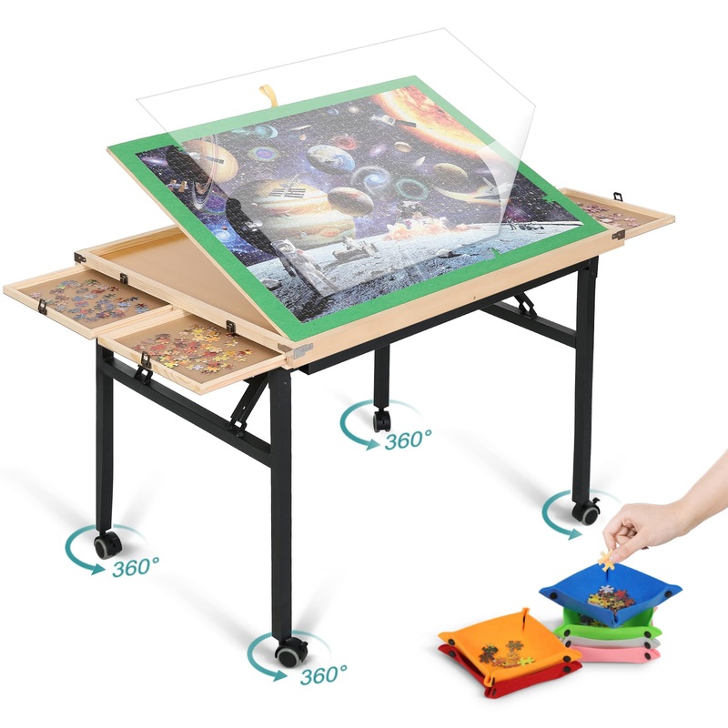 Joypcstable Puzzle Table 1500 Piece, 3-Angle Adjustable Jigsaw Puzzle Table With Drawers, Portable Puzzle Table With White Legs