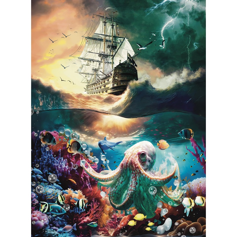 Premium 1000 Piece Jigsaw Puzzle For Adults -27X20 Unique Marine Artwork Pirate Shipoctopus Puzzle - Unique Brain Teaser, Diffic
