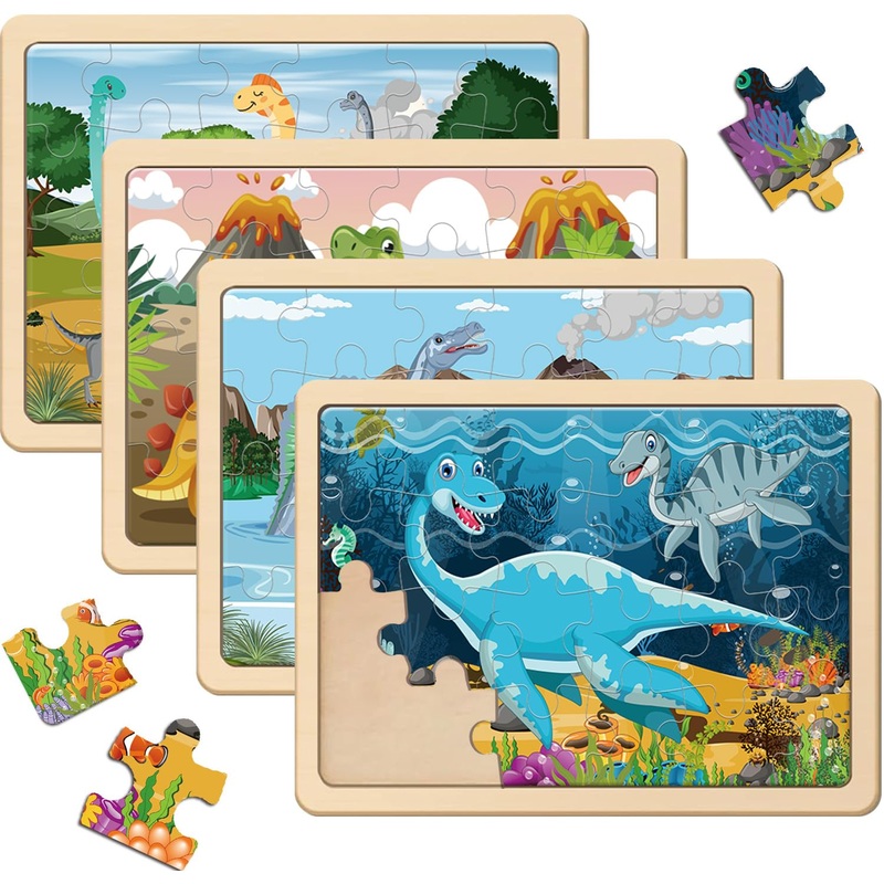 Puzzles For Kids Ages 4-6, 4 Pack Wooden Jigsaw Puzzles With 24 Pieces Each, Dinosaur Puzzle Preschool Educational Learning Toys