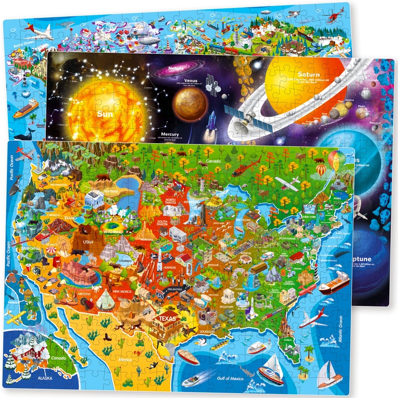 Quokka 300 Piece Floor Puzzles For Kids Ages 10-12 - 3X Set Floor Jigsaw Puzzles Large Pieces - Learning Space Usa And World Maps - Gift Game For Adults Family Boys And Girls 8-10 Year Olds