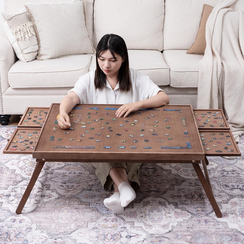 Teakmama 1500 Piece Wooden Jigsaw Puzzle Board With 4 Drawers, Folding Puzzle Table With Protective Cover, Puzzle Board With Leg