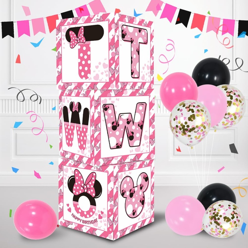 Toniful Pink Mouse 2Nd Birthday Party Supplies Pink Balloon Box With Letters