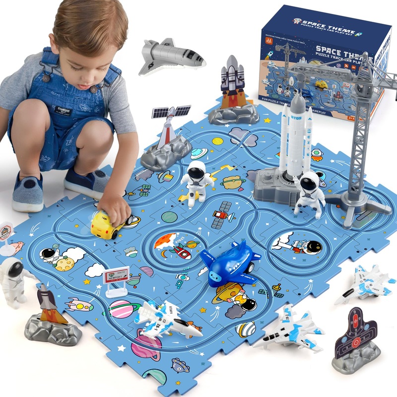 Tracks Car Toys Gifts For 3 4 5 Year Old Boys Kids,32 Pcs Space Jigsaw Puzzle Racer Car Track Set With 2 Railcars,Space Rocket M