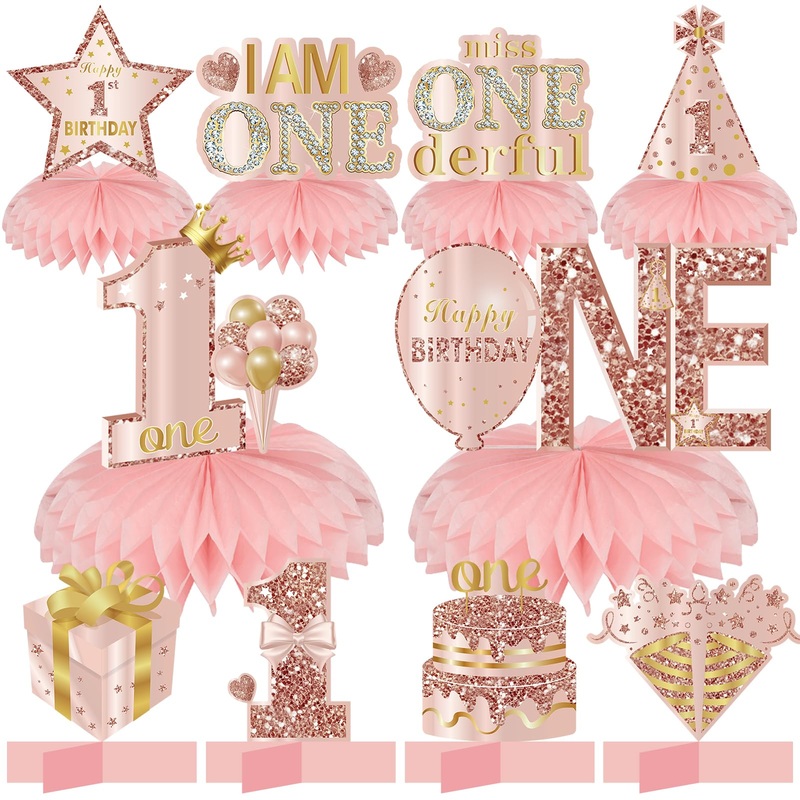 Turypaty 10Pcs 1St Birthday Decorations Honeycomb Centerpieces For Baby Girls, Pink Rose Gold Miss Onederful First Birthday Tabl