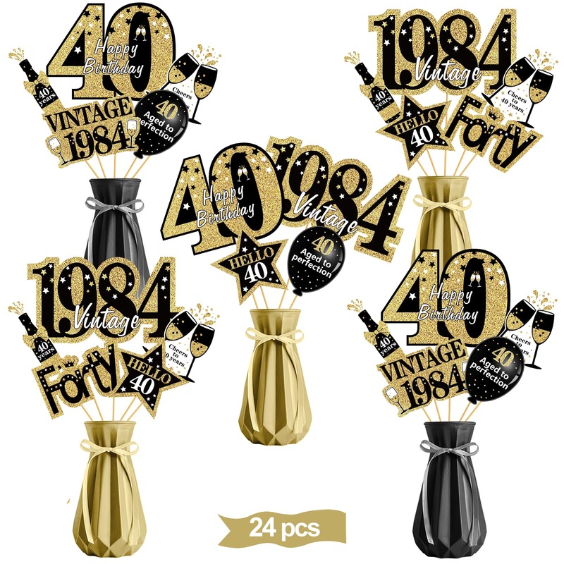 Turypaty Black Gold 40Th Birthday Table Centerpieces Decorations For Men Women, Vintage 1984 Happy 40Th Birthday Table Toppers P