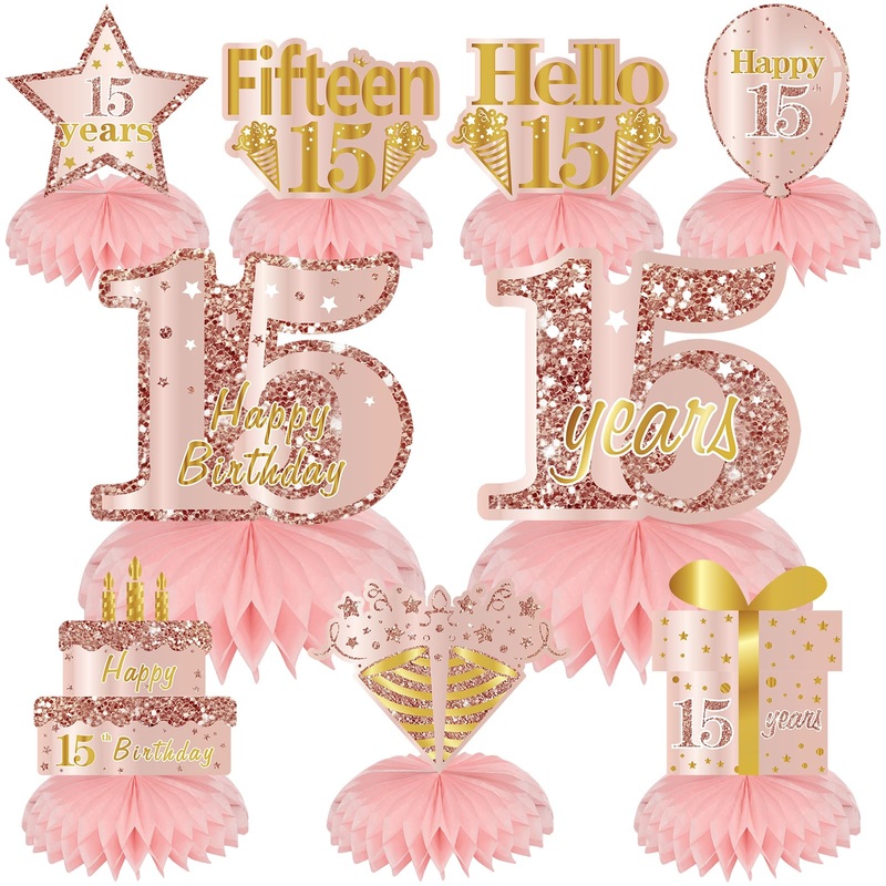 Turypaty Pink Rose Gold 15Th Birthday Honeycomb Centerpieces Decorations For Girls, 9Pcs Rose Gold Happy 15Th Birthday Table Cen