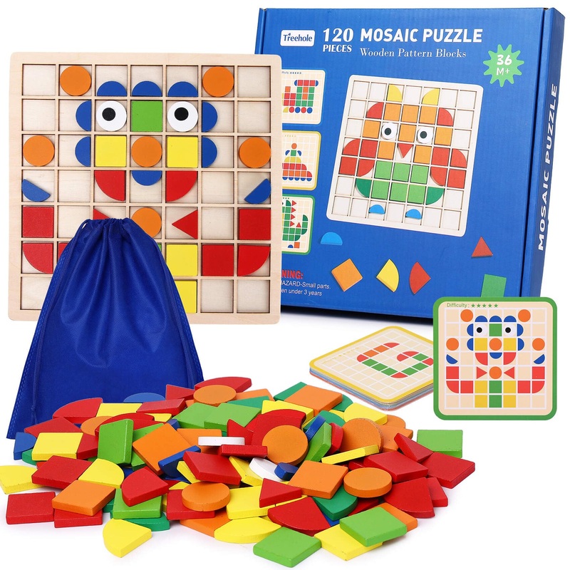 Zqftzq 120Pcs Wooden Pattern Blocks - Geometric Shapes Blocks Pattern With 20 Cards(40 Patterns) And Storage Bag,Wooden Mosaic C