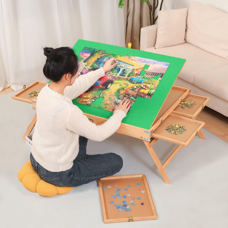 1500 Pieces Wooden Folding Puzzle Table, Jigsaw Puzzle Table With 4 Drawers And Cover, Portable Puzzle Tables For Adults And Chi