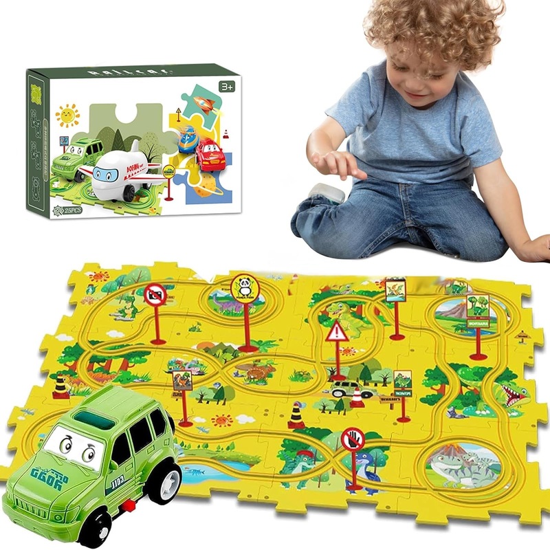 25Pcs Puzzle Racer Kids Car Track Set, Dinosaur Jigsaw Puzzle Racer Car Track Set Puzzle Track Car Play Set Preschool Gifts For