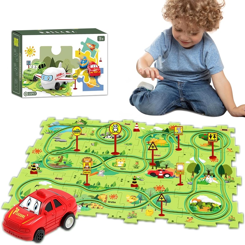 25Pcs Puzzle Racer Kids Car Track Set, Land Series Jigsaw Puzzle Racer Car Track Set Puzzle Track Car Play Set Preschool Gifts F