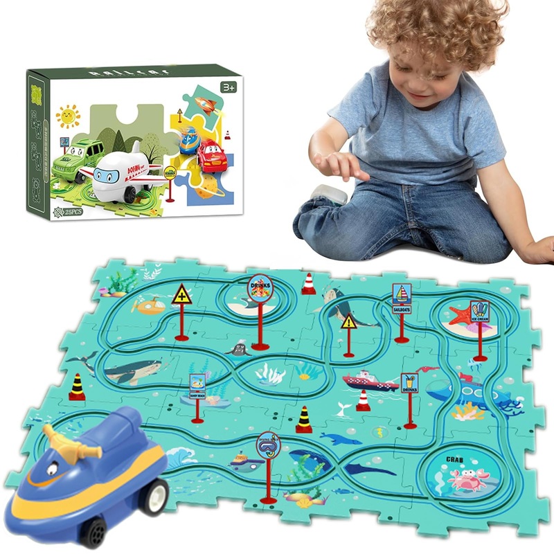 25Pcs Puzzle Racer Kids Car Track Set, Ocean Series Jigsaw Puzzle Racer Car Track Set Puzzle Track Car Play Set Preschool Gifts