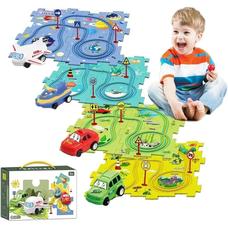 4 Sets 4In1 Puzzle Racer Kids Car Track Set,4 Theme Jigsaw Puzzle Racer Car Track Set Puzzle Track Car Play Set Puzzle Raceway C