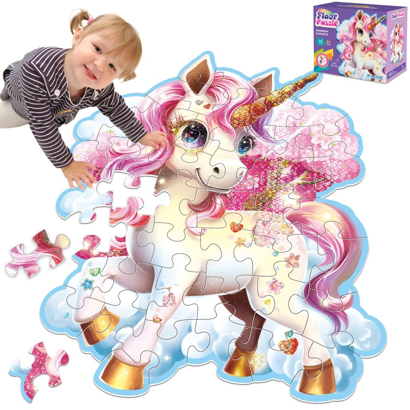 45Pcs Shimmery Unicorn Floor Puzzles For Kids Ages 3-5, Jumbo Jigsaw Puzzles For Kids Unicorn Puzzle For Toddlers Age 3+ Year Ol