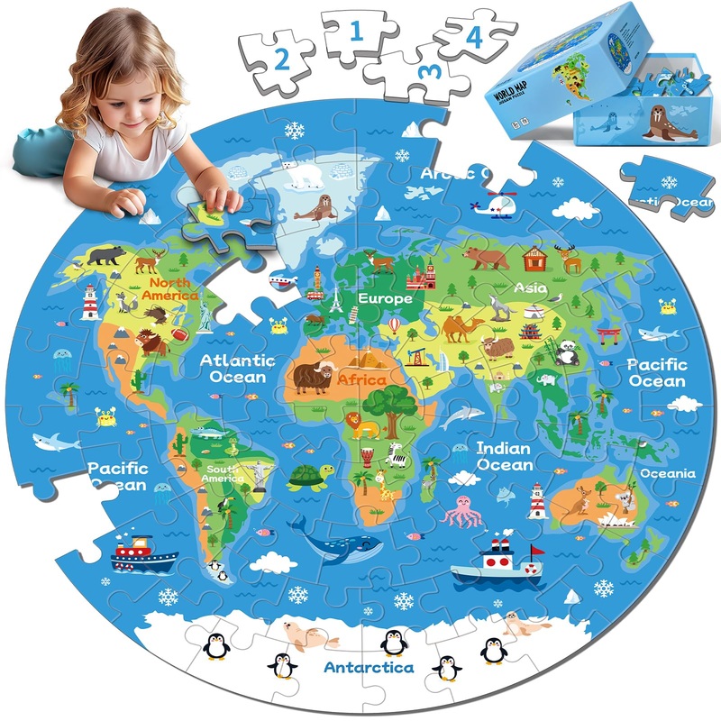 72 Piece World Map Jigsaw Puzzle For Kids 3-5, 4-6 Globe Round Floor Puzzles Geography Educational Birthday Gifts Learning Resou