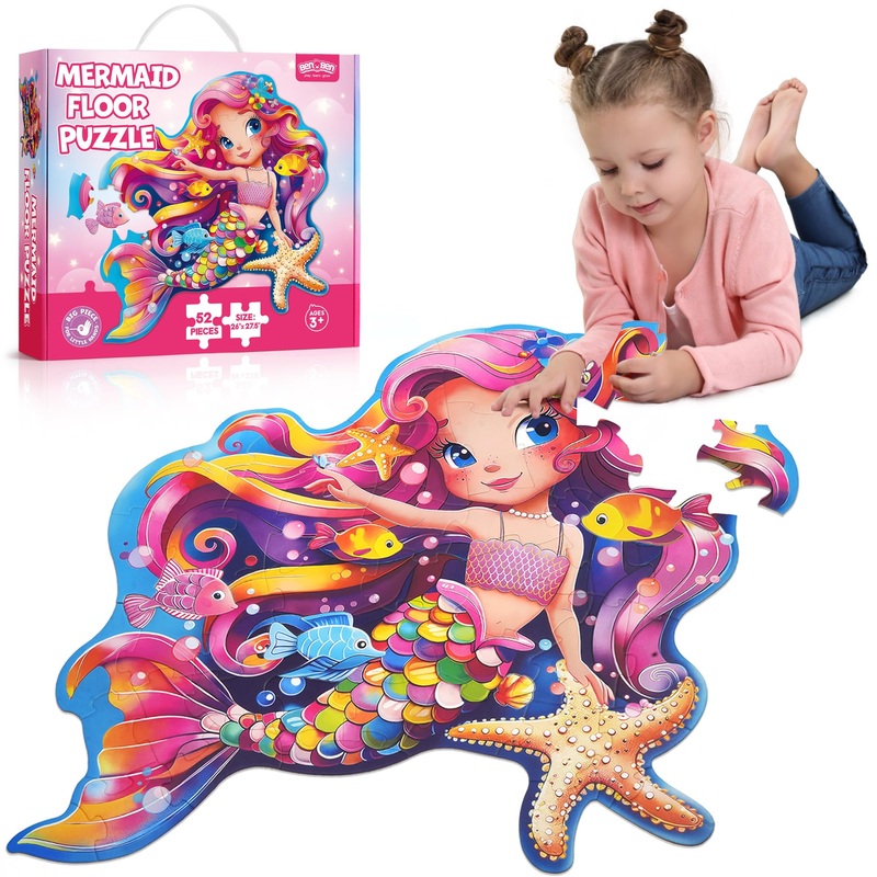 Benben Floor Puzzles, 26X 27.5 Mermaid Puzzles For Kids Ages 4-6, 52 Piece Large Jigsaw Puzzles For Toddlers, Mermaid Toys Birthday Gift For Girls Boys