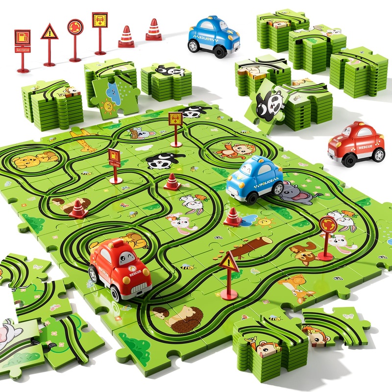 Bennol Toddler Toys Gifts For 2 3 4 5 Year Old Boys, 56 Jigsaw Puzzle Race Track Car Set Toys For Kids Boys Toddlers 1-3 2-4 3-5