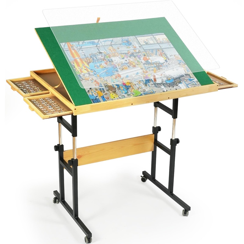 Builderbutler Dual-Layer 25''X34'' Adjustable Puzzle Table With Wheels,3-Tilting-Angle Adjustable Board With 4 Drawers And Cover