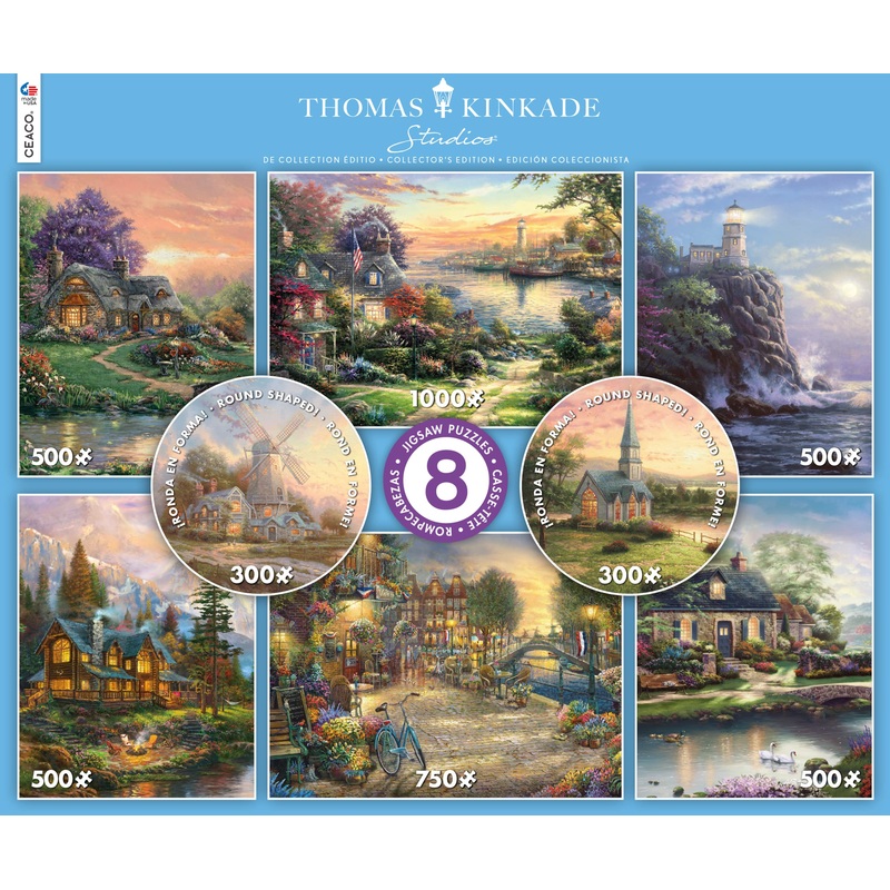 Ceaco - 8 In 1 Multipack - Thomas Kinkade - (2) Round 300 Piece, (4) 550 Piece, (1) 750 Piece (1) 1000 Piece Jigsaw Puzzles