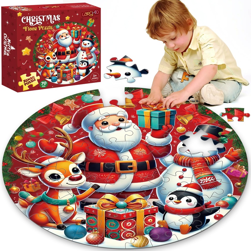 Christmas Floor Puzzles For Kids Age 3-8, 70Pcs Giant Christmas Jigsaw Puzzles With Santa Claus And His Friends Educational Stocking Stuffers For Kids Girl Boys 4 5 6 7 8