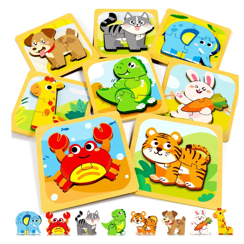 Funmission Puzzles, 8Pcs Animals Jigsaw Puzzles Toddler Toys, Brain Teaser Puzzles Montessori Toys, Wooden Puzzle Games, Educati