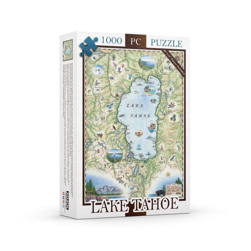 Lake Tahoe Map Cardboard Jigsaw Puzzle - 1000 Pieces, Hand-Illustrated - Educational, Family Activity, Ages 7+, Includes Poster